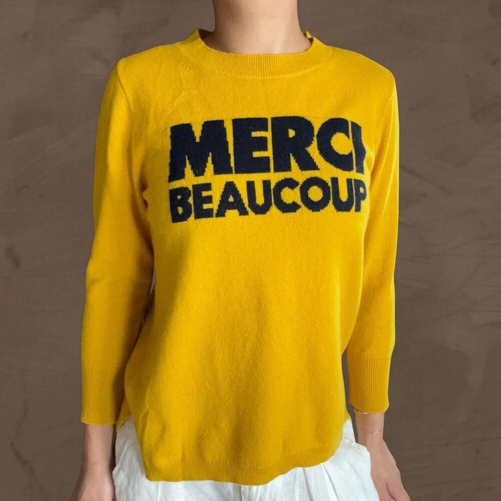J Crew Cashmere Knit Sweater yellow Intarsia Merci Beaucoup